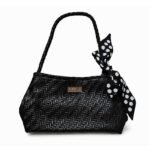 PURSELLA Black Woven Luxe Shoulder Bag with Black Polka Bow — Tan