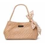 PURSELLA Beige Woven Luxe Shoulder Bag with Beige Polka Bow — Tan